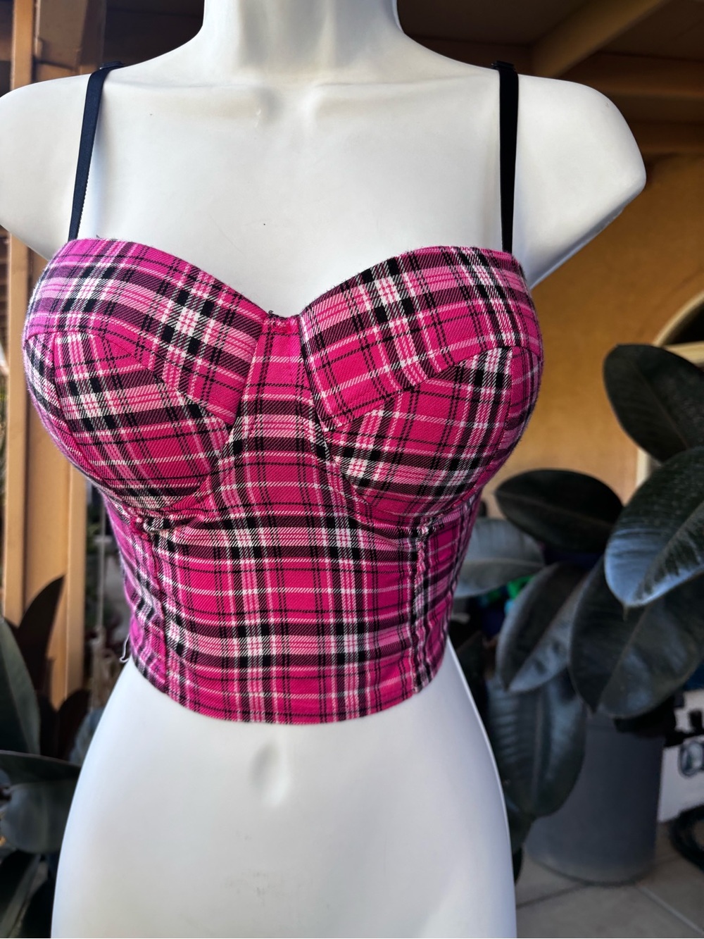 Say What? Pink and Black Plaid Smocked Bustier